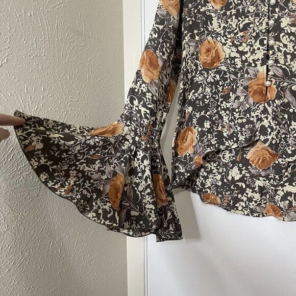 For Love & Lemons brown floral vneck Bell sleeve Blouse top size Medium - Picture 4 of 6